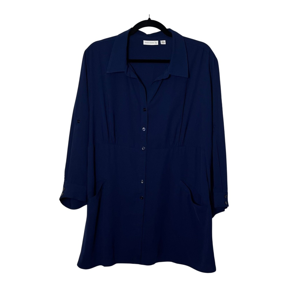 Susan Graver Navy Blue Empire Waist Button Down Tunic Top Pockets XL